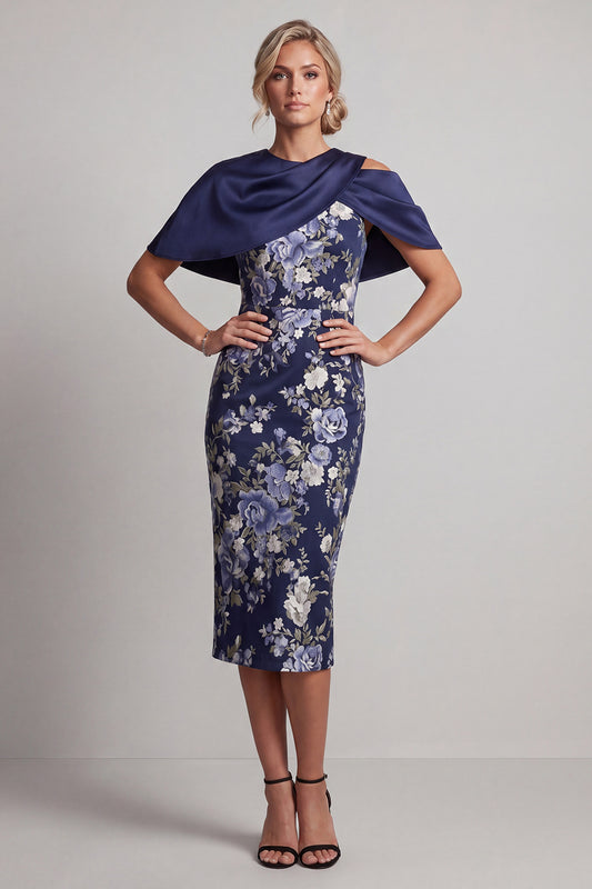 Floral Navy Bodycon Midi Mother of the Bride Dress with Cape