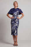 Floral Navy Bodycon Midi Mother of the Bride Dress with Cape