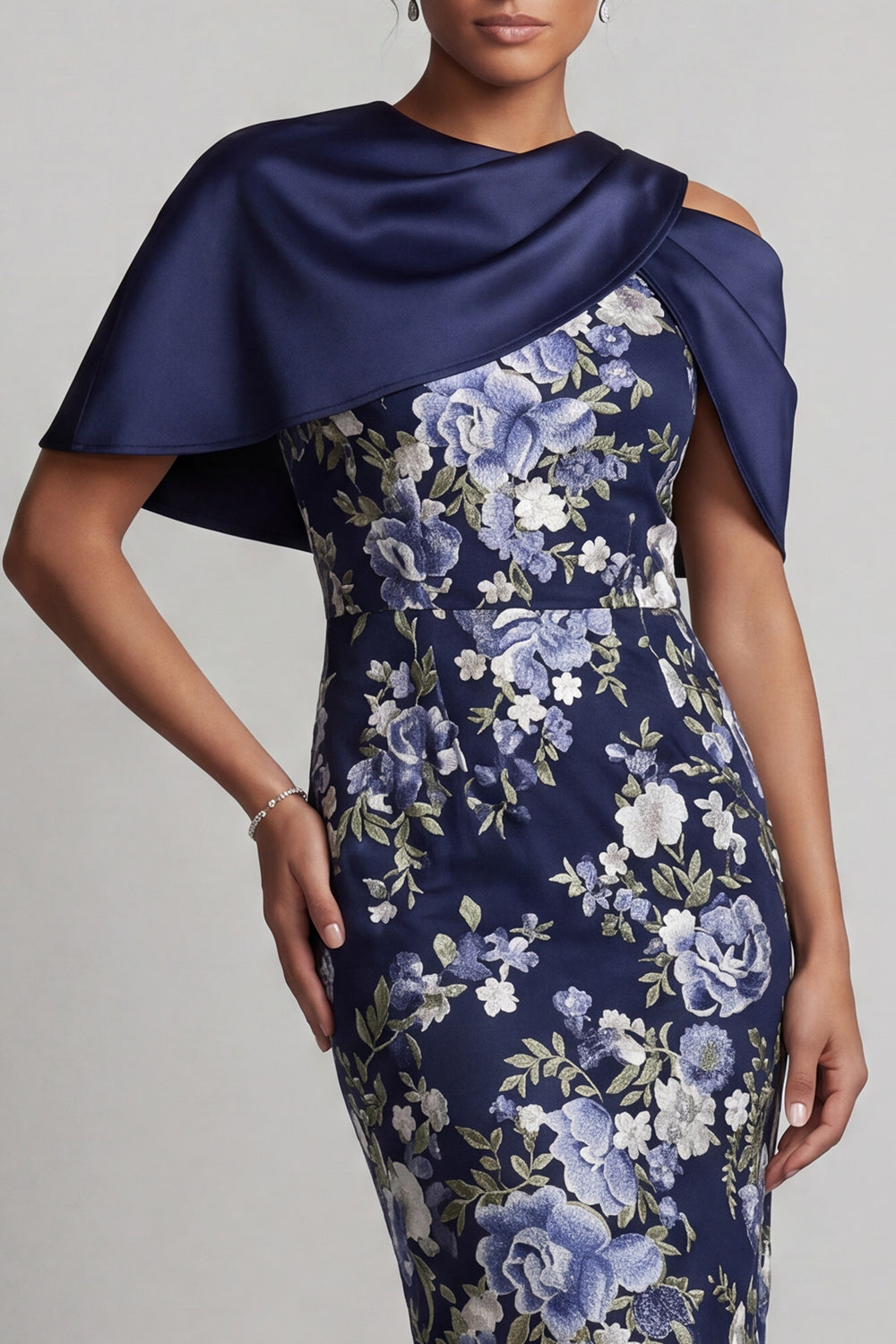 Floral Navy Bodycon Midi Mother of the Bride Dress with Cape