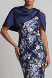 Floral Navy Bodycon Midi Mother of the Bride Dress with Cape