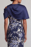 Floral Navy Bodycon Midi Mother of the Bride Dress with Cape