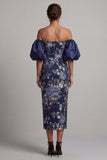 Sheath Floral Navy Long Puff Sleeves Mother of the Bride Dress