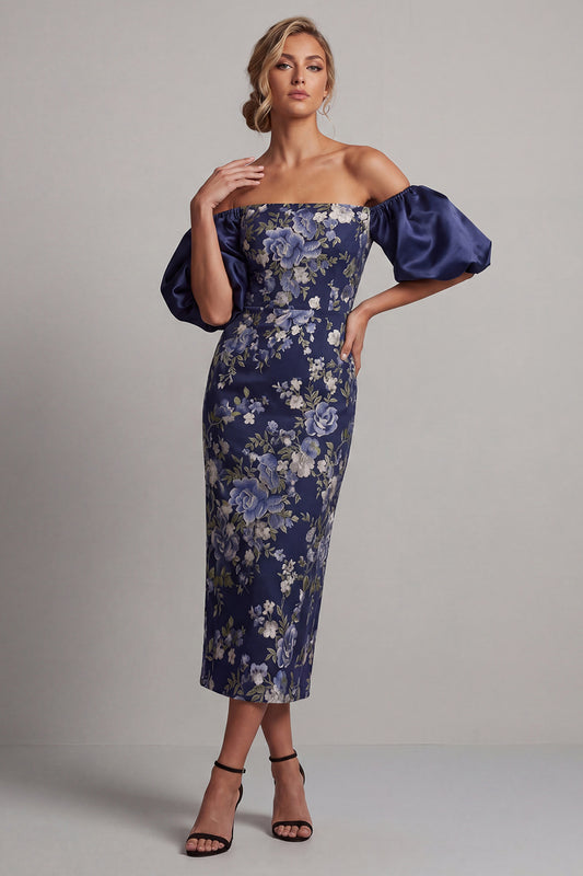 Sheath Floral Navy Long Puff Sleeves Mother of the Bride Dress