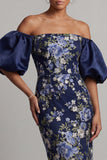 Sheath Floral Navy Long Puff Sleeves Mother of the Bride Dress