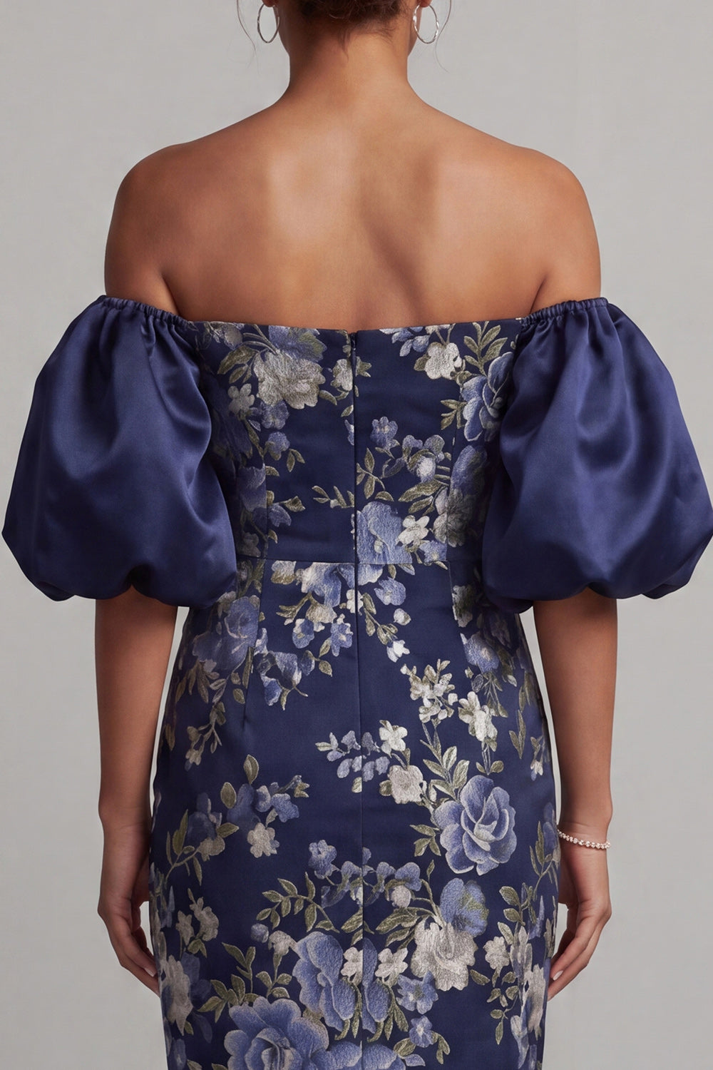 Sheath Floral Navy Long Puff Sleeves Mother of the Bride Dress