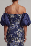 Sheath Floral Navy Long Puff Sleeves Mother of the Bride Dress