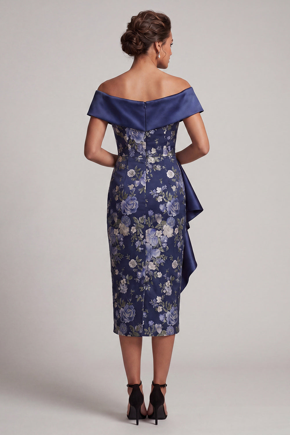 Off the Shoulder Sheath Ruffled Floral Navy Long Mother of the Bride Dress