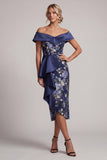 Off the Shoulder Sheath Ruffled Floral Navy Long Mother of the Bride Dress