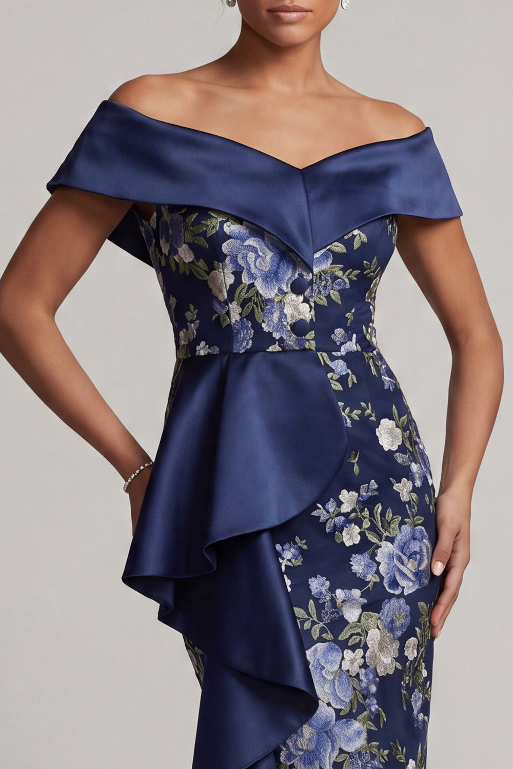 Off the Shoulder Sheath Ruffled Floral Navy Long Mother of the Bride Dress