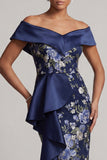 Off the Shoulder Sheath Ruffled Floral Navy Long Mother of the Bride Dress