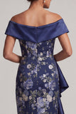 Off the Shoulder Sheath Ruffled Floral Navy Long Mother of the Bride Dress