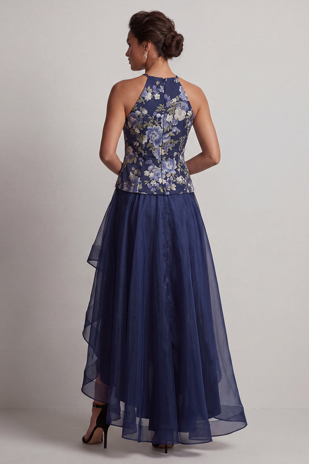 A Line Halter Floral Navy High Low Mother of the Bride Dress