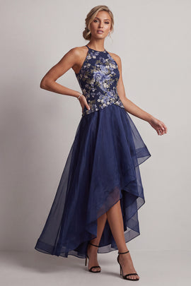 A Line Halter Floral Navy High Low Mother of the Bride Dress