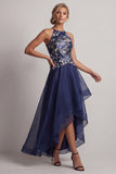 A Line Halter Floral Navy High Low Mother of the Bride Dress