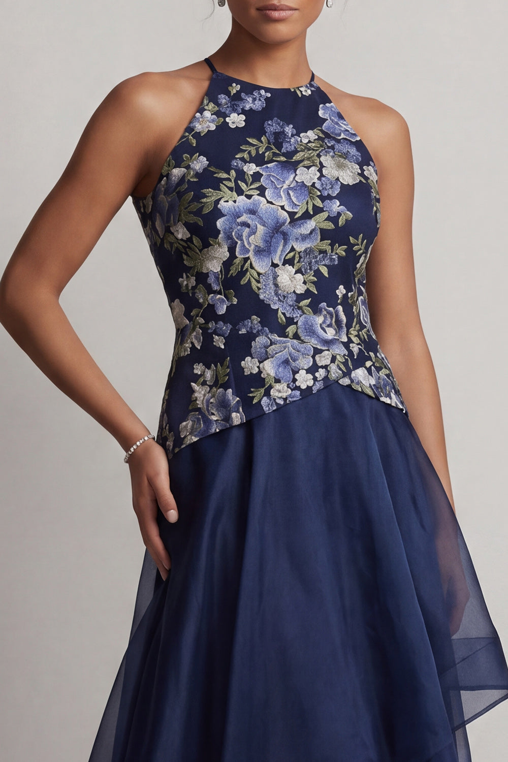 A Line Halter Floral Navy High Low Mother of the Bride Dress