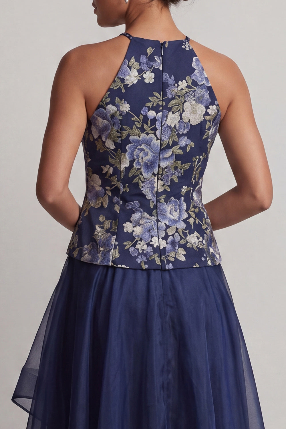 A Line Halter Floral Navy High Low Mother of the Bride Dress