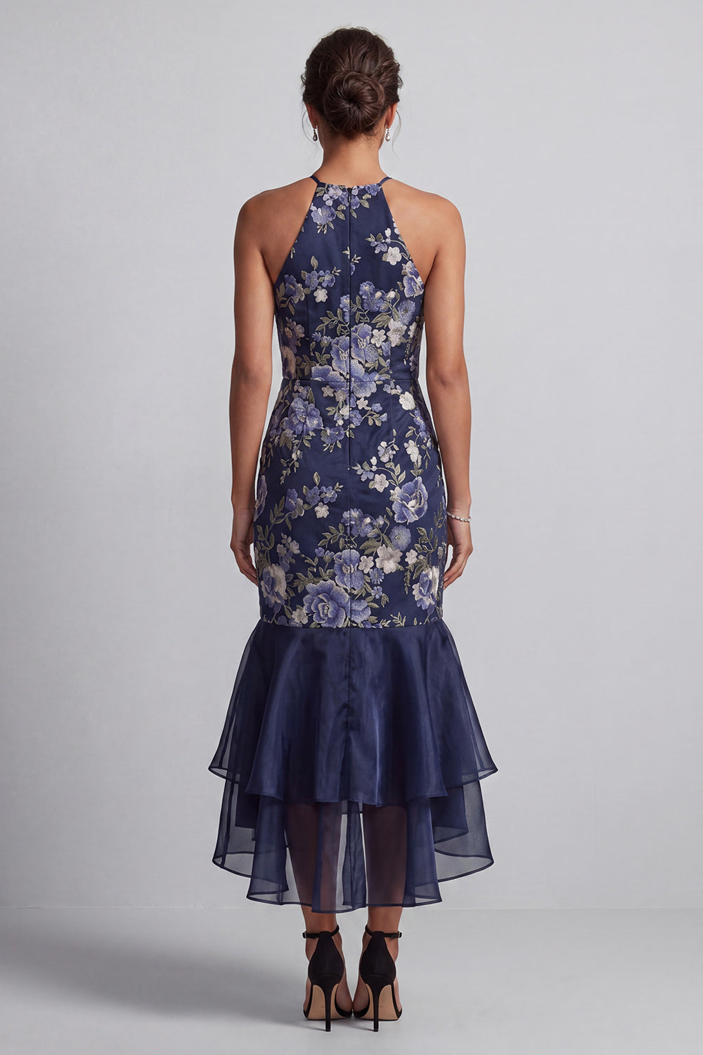 Mermaid Halter Floral Navy Long Mother of the Bride Dress with Ruffles
