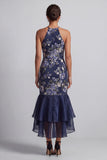 Mermaid Halter Floral Navy Long Mother of the Bride Dress with Ruffles