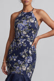 Mermaid Halter Floral Navy Long Mother of the Bride Dress with Ruffles
