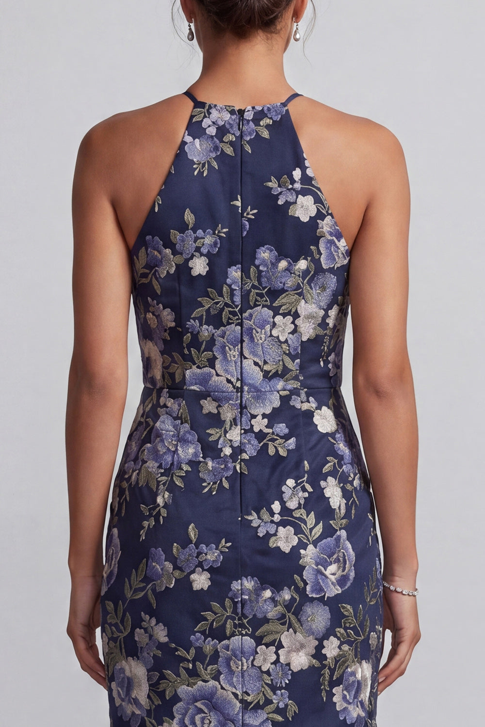 Mermaid Halter Floral Navy Long Mother of the Bride Dress with Ruffles