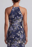 Mermaid Halter Floral Navy Long Mother of the Bride Dress with Ruffles