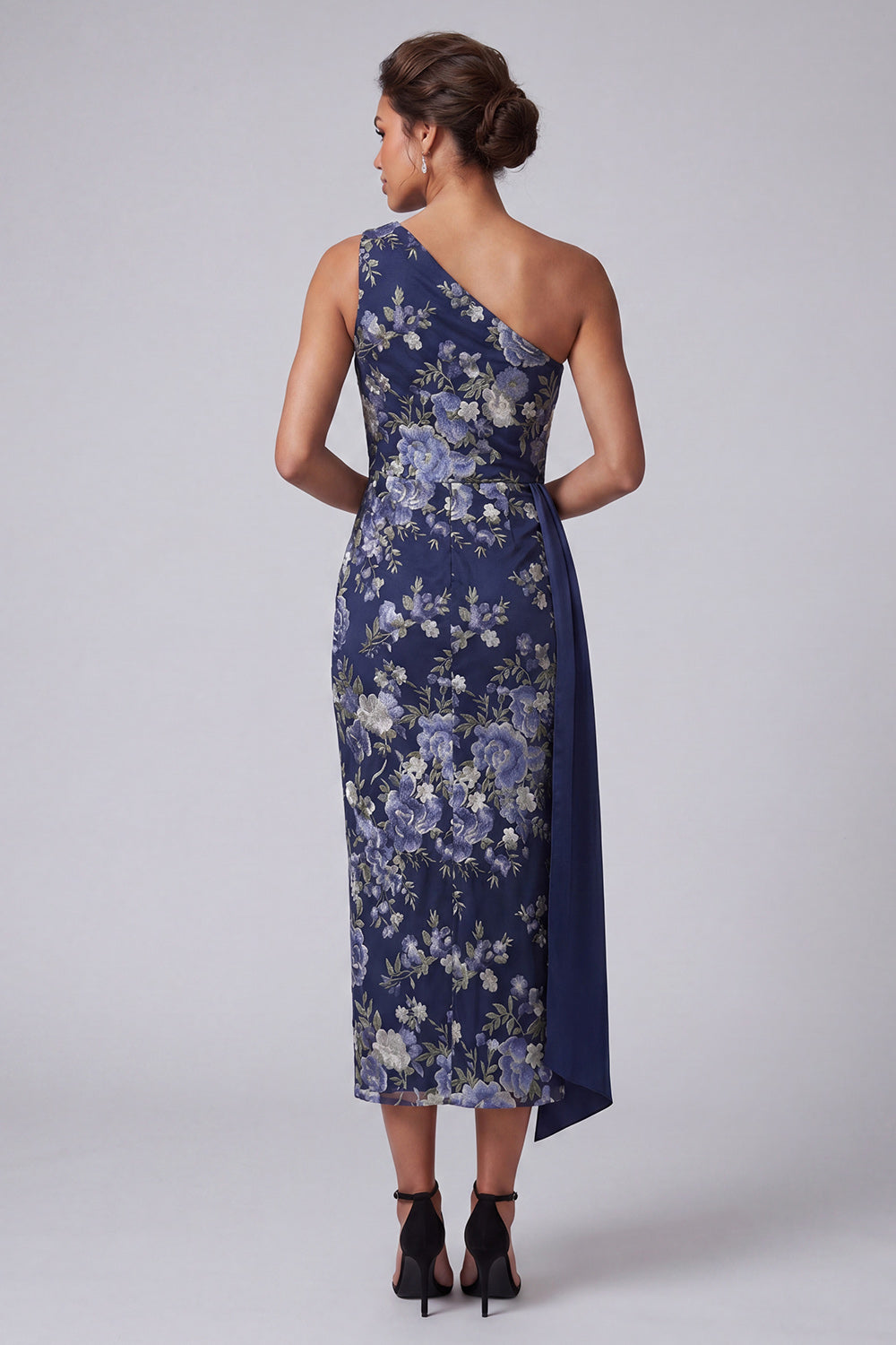 One Shoulder Sheath Floral Navy Long Mother of the Bride Dress with Sash
