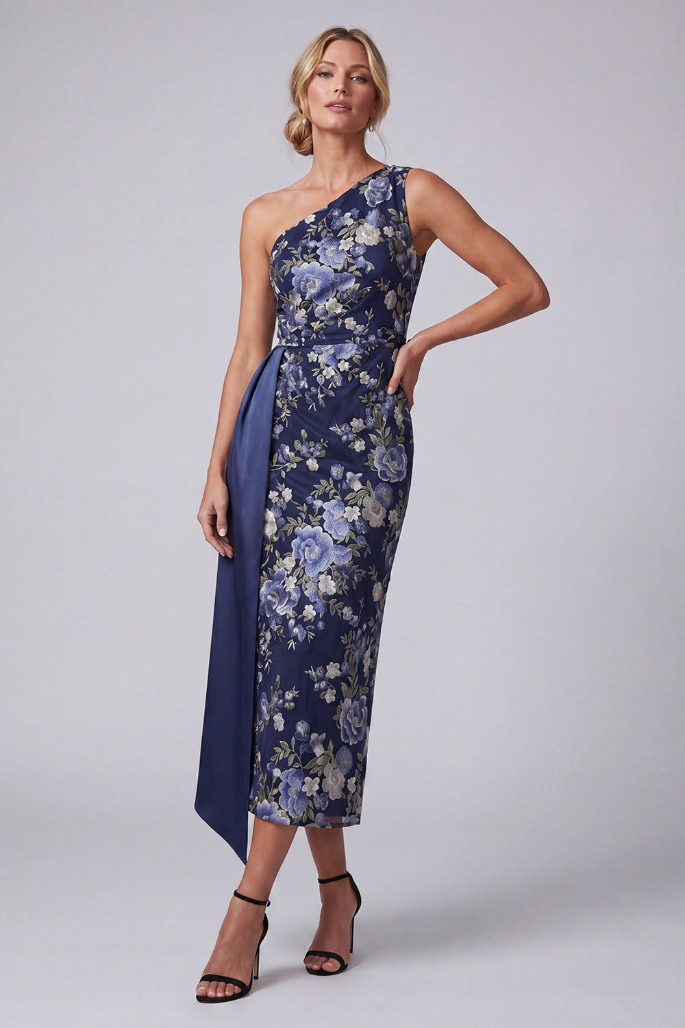 One Shoulder Sheath Floral Navy Long Mother of the Bride Dress with Sash