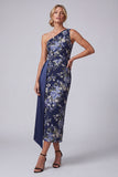 One Shoulder Sheath Floral Navy Long Mother of the Bride Dress with Sash