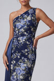 One Shoulder Sheath Floral Navy Long Mother of the Bride Dress with Sash