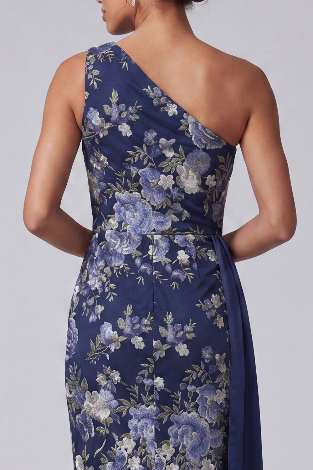 One Shoulder Sheath Floral Navy Long Mother of the Bride Dress with Sash