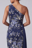 One Shoulder Sheath Floral Navy Long Mother of the Bride Dress with Sash