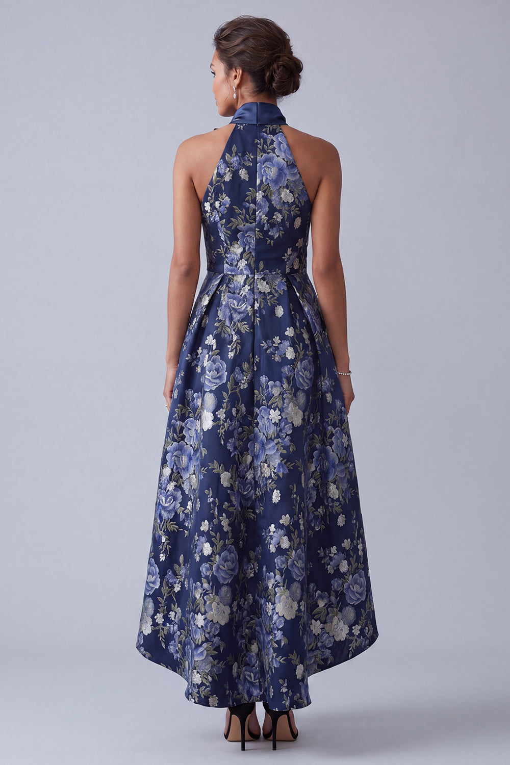 High Neck A Line Floral Navy High Low Mother of the Bride Dress