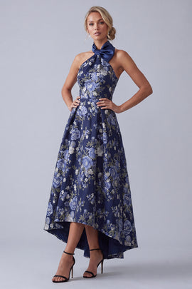 High Neck A Line Floral Navy High Low Mother of the Bride Dress