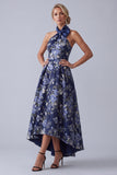 High Neck A Line Floral Navy High Low Mother of the Bride Dress