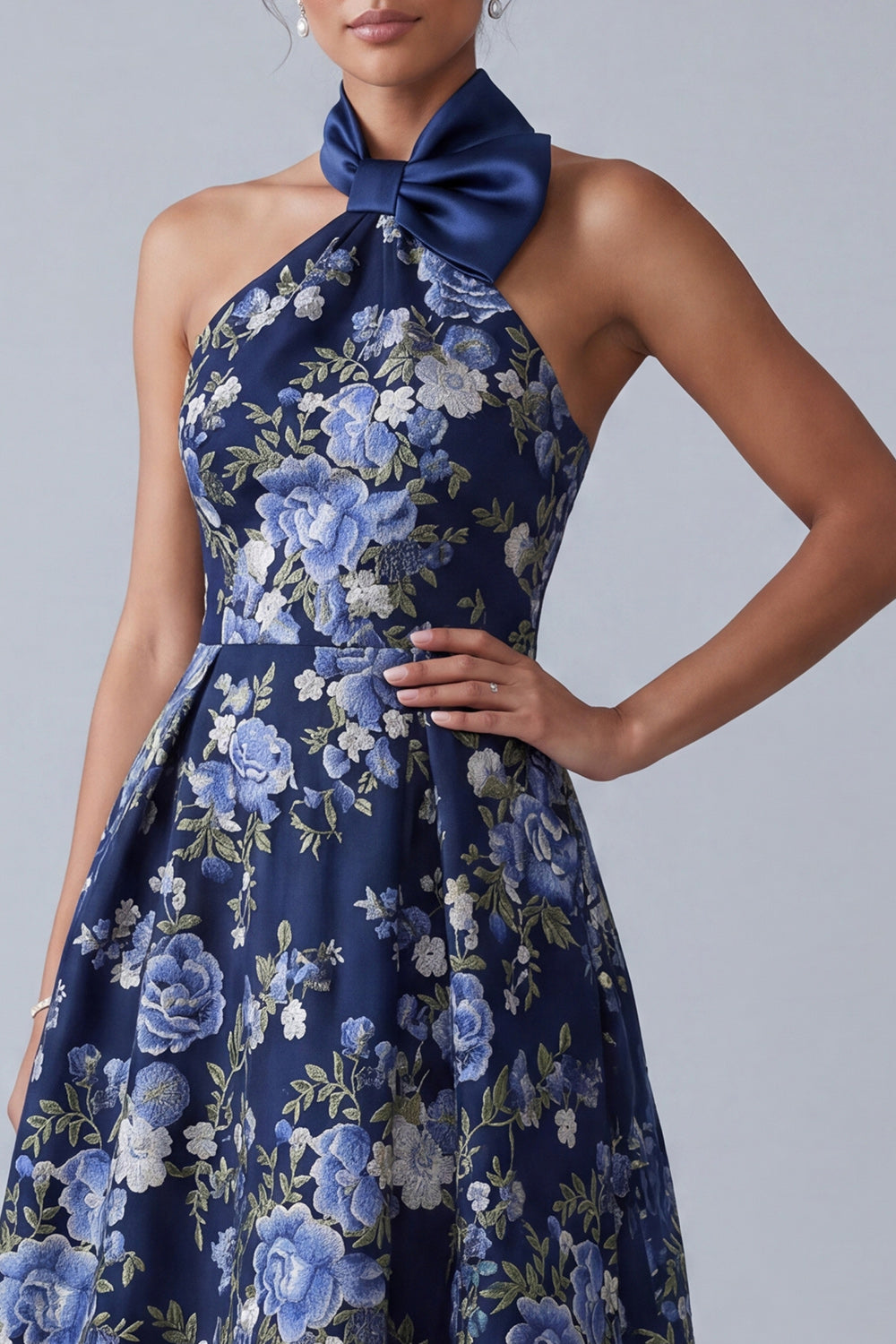 High Neck A Line Floral Navy High Low Mother of the Bride Dress
