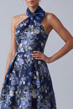 High Neck A Line Floral Navy High Low Mother of the Bride Dress