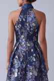 High Neck A Line Floral Navy High Low Mother of the Bride Dress