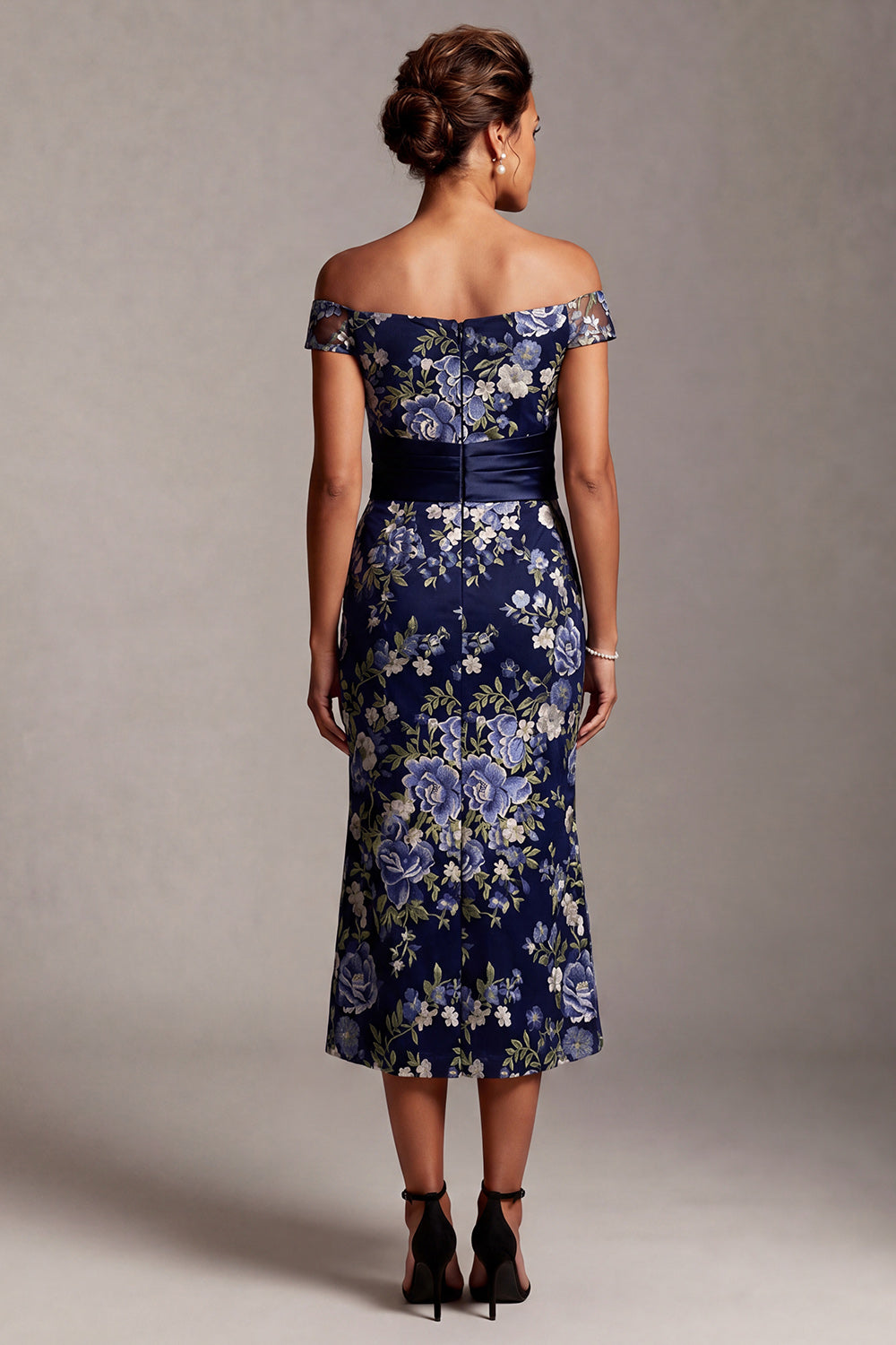 Mermaid Off the Shoulder Floral Navy Long Mother of the Bride Dress with Sash