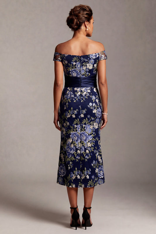 Mermaid Off the Shoulder Floral Navy Long Mother of the Bride Dress with Sash