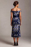 Mermaid Off the Shoulder Floral Navy Long Mother of the Bride Dress with Sash
