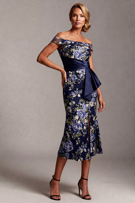 Mermaid Off the Shoulder Floral Navy Long Mother of the Bride Dress with Sash