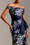 Mermaid Off the Shoulder Floral Navy Long Mother of the Bride Dress with Sash