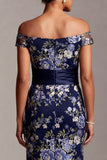 Mermaid Off the Shoulder Floral Navy Long Mother of the Bride Dress with Sash