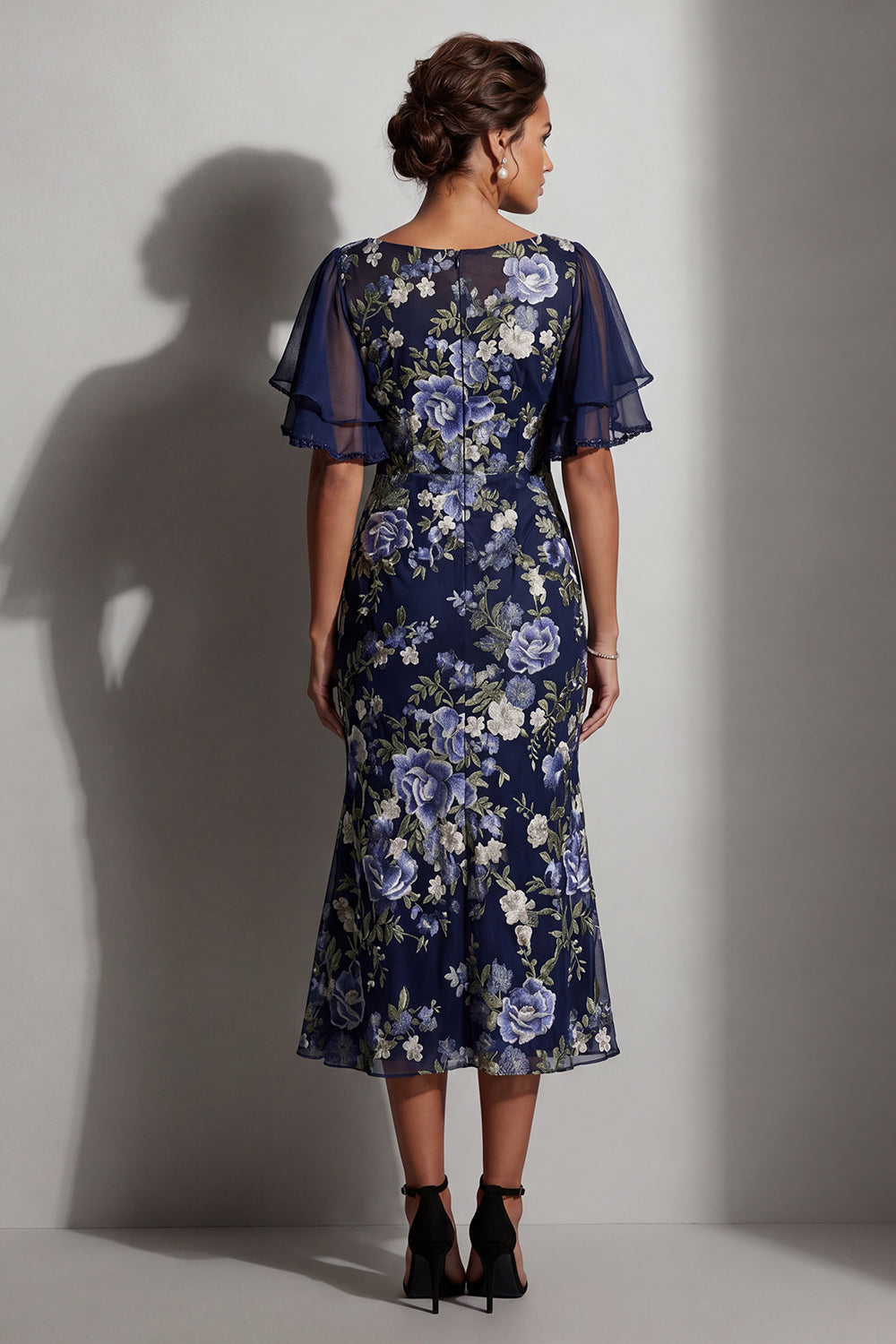 Boat Neck Mermaid Floral Navy Long Mother of the Bride Dress with Sleeves