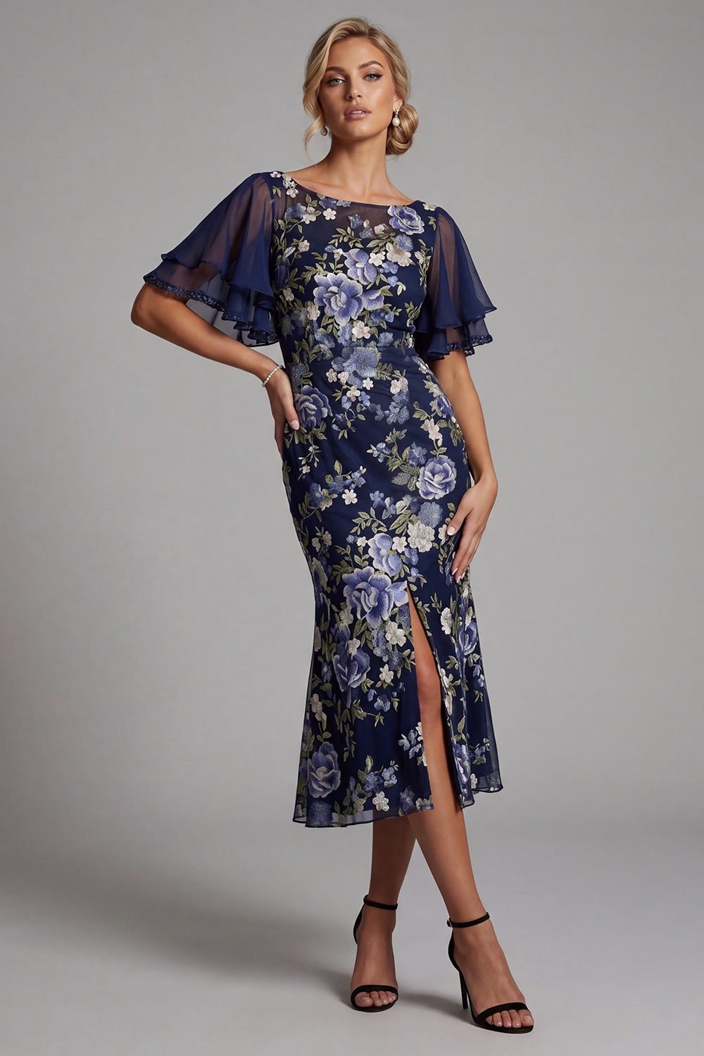 Boat Neck Mermaid Floral Navy Long Mother of the Bride Dress with Sleeves