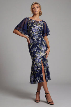 Boat Neck Mermaid Floral Navy Long Mother of the Bride Dress with Sleeves