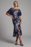 Boat Neck Mermaid Floral Navy Long Mother of the Bride Dress with Sleeves