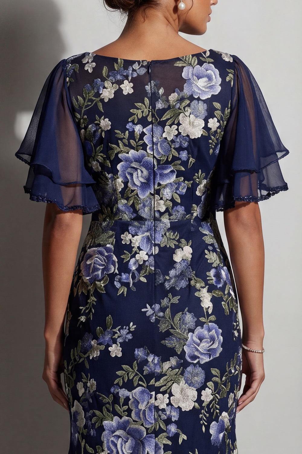 Boat Neck Mermaid Floral Navy Long Mother of the Bride Dress with Sleeves