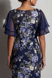 Boat Neck Mermaid Floral Navy Long Mother of the Bride Dress with Sleeves