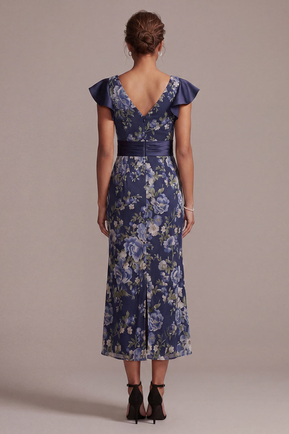 Mermaid V-Neck Ruffled Floral Navy Long Mother of the Bride Dress with Sash